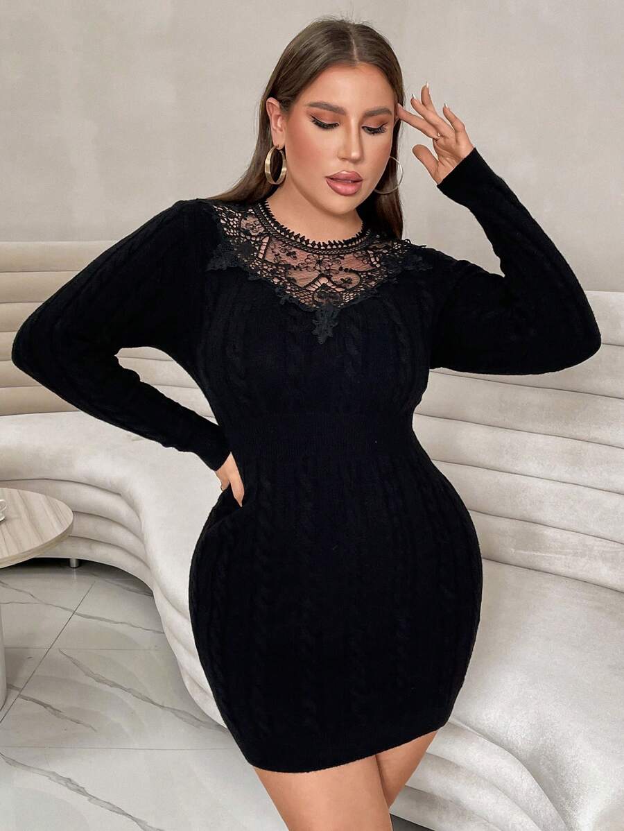 SHEIN Privé 大碼蕾絲拼接緊身毛衣洋裝