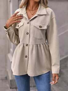 SHEIN Clasi 翻蓋口袋落肩袖荷葉擺燈芯絨大衣 - 杏色 - 查看 3