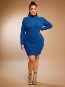 SHEIN SXY Plus Mock Neck Lettuce Trim Ribbed Knit Bodycon Dress - Blue - View 3