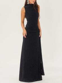 Vestido de cena con cuello alto y brillo - Negro - Ver 3