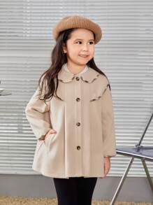 SHEIN Young Girl 1pc Scallop Trim Peter Pan Collar Overcoat - Apricot - View 4