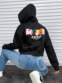 SHEIN Unity 字母图案落肩连帽套头衫秋季卫衣 - 黑色 - 查看 4