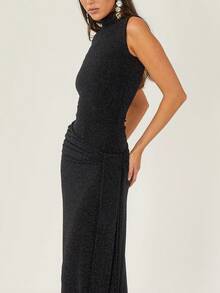 Vestido de cena con cuello alto y brillo - Negro - Ver 6