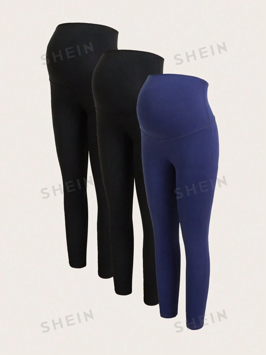 SHEIN Maternidad 3 piezas Leggings unicolor de cintura ancha