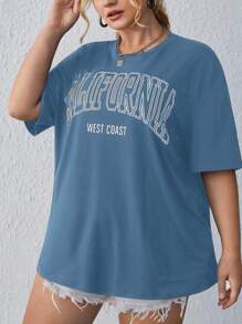 SHEIN EZwear Plus Letter Graphic Drop Shoulder Tee - Blue - View 5