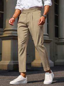 Calvornis Men Fold Pleated Detail Slant Pocket Suit Pants - Khaki - View 5