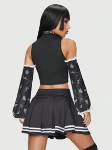 ROMWE Kawaii Skull Print Crop Top With Arm Sleeves - Black - View 2