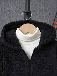 SHEIN 男小童拼接邊連帽絨毛外套不帶T恤 - 黑色 - 查看 4