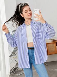 SHEIN Cô gái tuổi teen In sọc Thả vai Áo sơ mi - Xanh và trắng - Xem 1