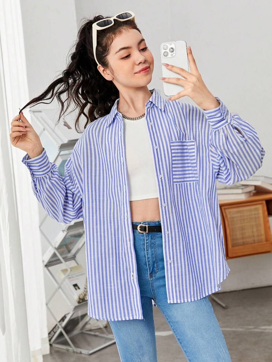 SHEIN Cô gái tuổi teen In sọc Thả vai Áo sơ mi - Xanh và trắng - Xem 1