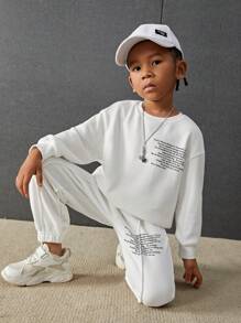 Young Boy Slogan Graphic Drop Shoulder Sweatshirt & Sweatpants - White - View 1