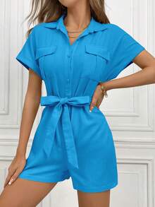 SHEIN Frenchy 翻蓋口袋蝙蝠袖腰帶襯衫連體短褲 - 藍色 - 查看 3