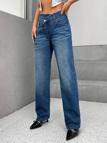 SHEIN Essnce Jeans de pierna recta de cintura asimétrica - Azul lavado oscuro - Ver 4