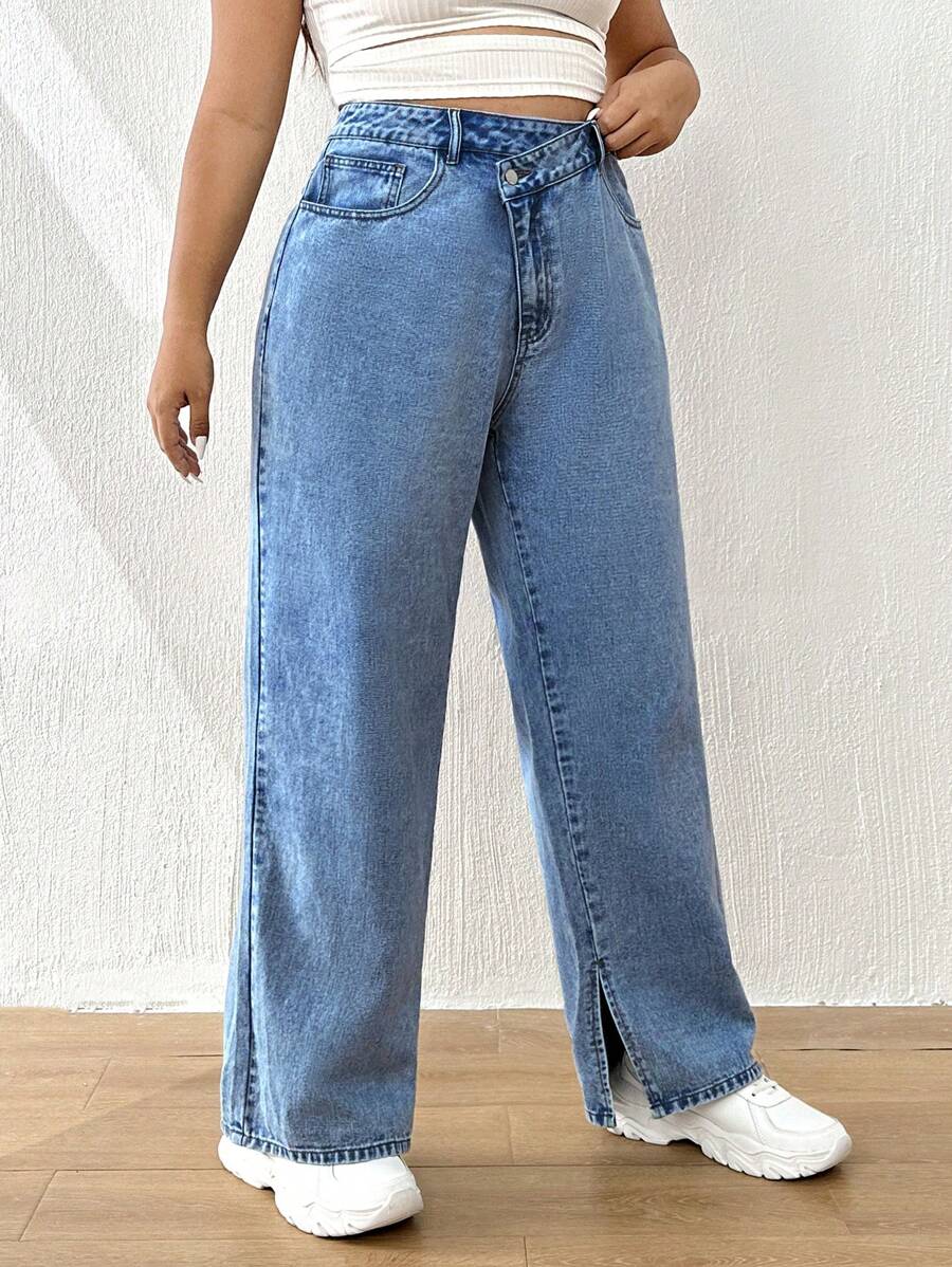 SHEIN EZwear Plus Overlap Waist Split Hem Wide Leg Jeans - Medium Wash - View 1