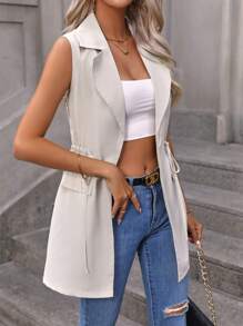 Ellegaria. Cổ áo Eo dây rút Áo vest - Màu be - Xem 6