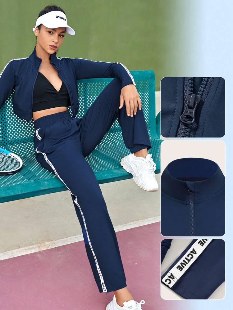 Letter Graphic Side Stripe Zip Up Crop Sports Jacket,Women Tennis Outfit