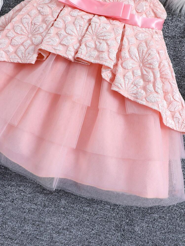 Baby Girl Floral Jacquard Contrast Mesh Bow Front Party Dress