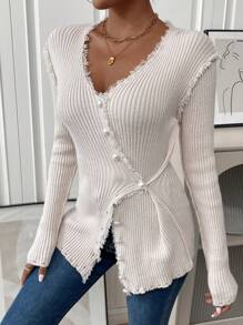 SHEIN Privé 毛邊緣前紐扣開襟衫 - 杏色 - 查看 1