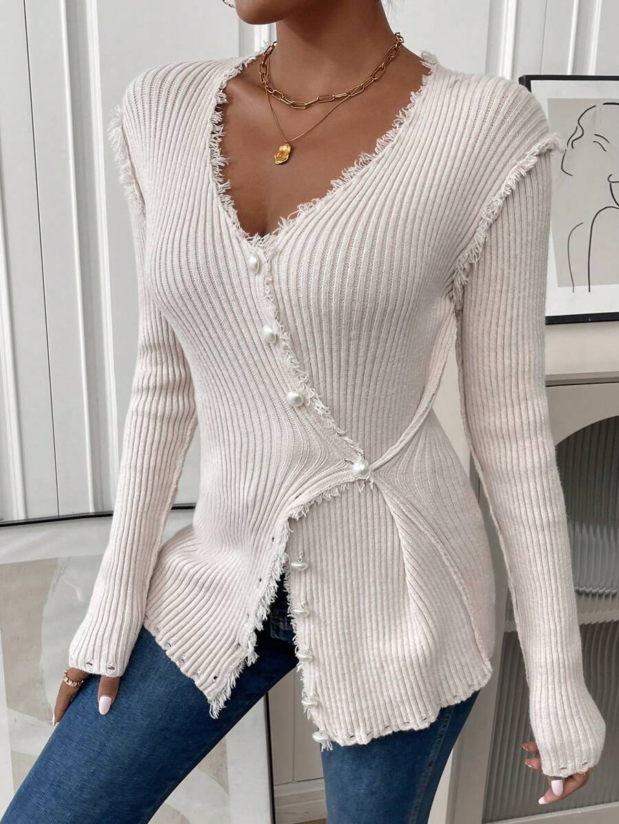 SHEIN Privé 毛邊緣前紐扣開襟衫 - 杏色 - 查看 1