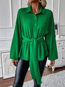 Chiquease Solid Knot Front Button Front Shirt - Green - View 4