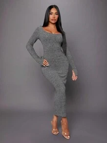 SHEIN SXY 鏤空領口肋編貼身長袖連身裙,派對聚會穿搭、性感時尚生日禮服、情人節派對裝、單身派對裝、春季穿搭 - 灰色 - 查看 4