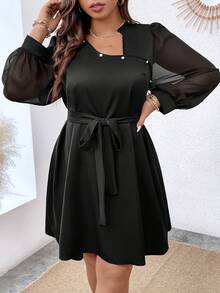 Celure Plus Asymmetrical Neck Contrast Mesh Lantern Sleeve Belted Dress - Black - View 6