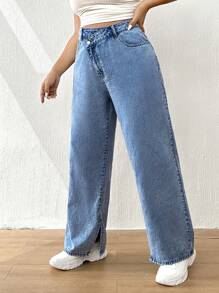 SHEIN EZwear 大碼腰部交疊下擺開叉闊腿牛仔褲 - 中等水洗藍 - 查看 6