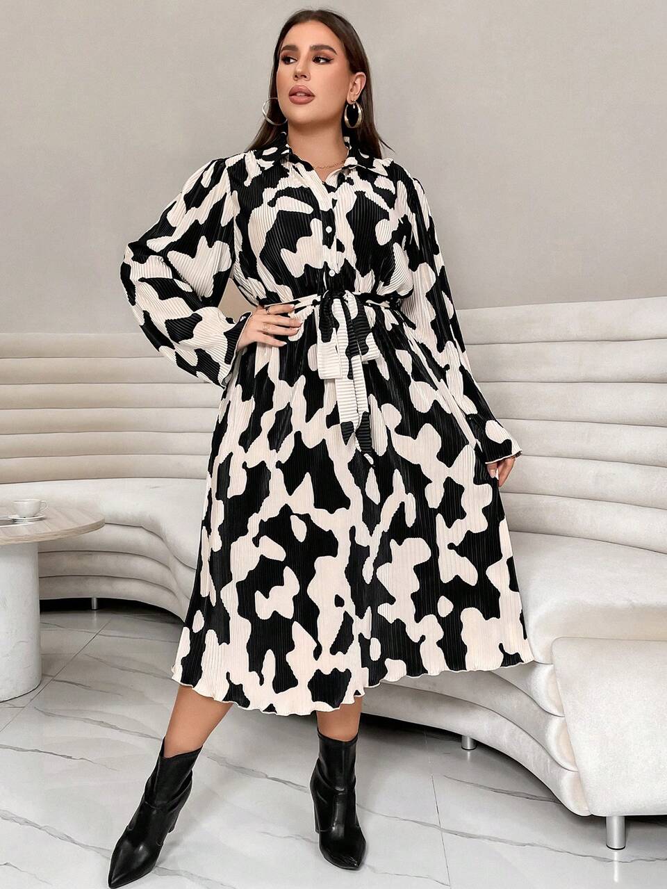 Plus Allover Print Belted Shirt Dress