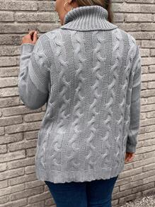 SHEIN LUNE Plus Turtleneck Cable Knit Drop Shoulder Sweater - Grey - View 2