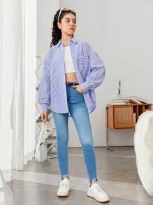 SHEIN Cô gái tuổi teen In sọc Thả vai Áo sơ mi - Xanh và trắng - Xem 3