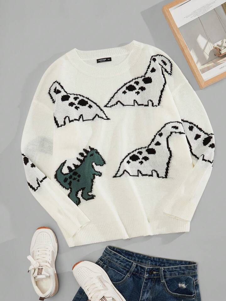 SHEIN EZwear Plus Dinosaur Pattern Drop Shoulder Sweater | SHEIN USA