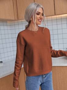 SHEIN LUNE 纯色落肩毛衣，长袖针织套头衫，秋冬款 - 鏽棕色 - 查看 4