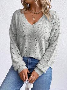 SHEIN LUNE Plus Pointelle Knit Drop Shoulder Sweater, For Winter Knit Pullover Fall Outfit - Light Grey - View 6