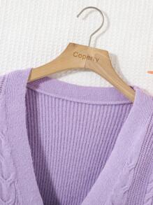 SHEIN Thiếu niên cô gái Chất rắn Nút phía trước Thả vai Áo len Mở - Màu tím - Xem 8