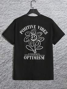 GENTILAND Hombres Camiseta con estampado floral con slogan - Negro - Ver 2