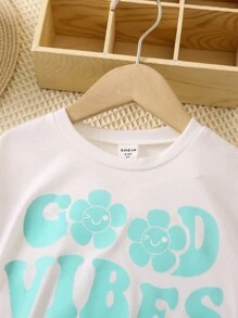 SHEIN 女小童標語圖案T恤和機車短褲