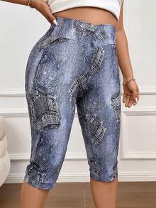 Calvaya 大碼牛仔效果印花高腰緊身打底褲 - 彩色 - 查看 5