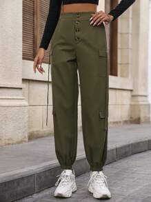 SHEIN Unity Button Fly Flap Pocket Side Cargo Pants - Dark Green - View 6