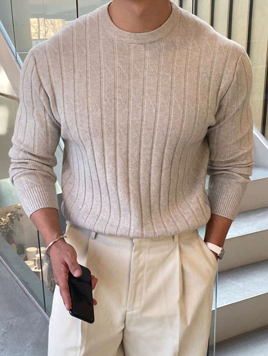 男士纯色圆领长袖休闲时尚毛衣，秋冬 - 卡其色 - 查看 1