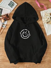 SHEIN EZwear Cartoon Graphic Kangaroo Pocket Drawstring Thermal Hoodie - Black - View 1