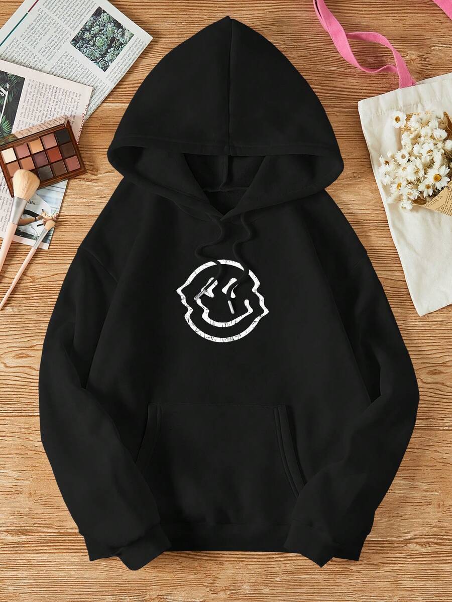 SHEIN EZwear Cartoon Graphic Kangaroo Pocket Drawstring Thermal Hoodie - Black - View 1