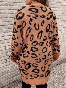 SHEIN LUNE Plus Leopard Pattern Drop Shoulder Duster Cardigan In Fall/Winter