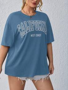 SHEIN EZwear Plus Letter Graphic Drop Shoulder Tee - Blue - View 3