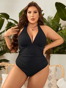 SHEIN Swim Curve 大碼素色吊脖連體泳衣 - 黑色 - 查看 5