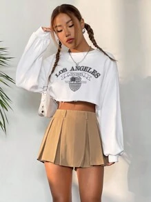 Flirla Solid Pleated Detail Skort - Khaki - View 7