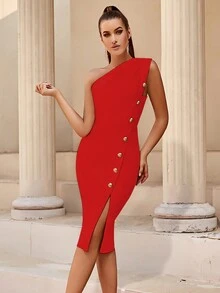 ADYCE 單肩紐扣細節緊身洋裝 - 紅色 - 查看 4