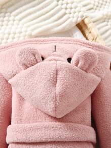 Baby Girl 3D Ear Design Hooded Belted Fuzzy Robe - Coral Pink - View 3
