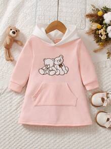 女嬰刺繡卡通圖案袋鼠口袋連帽衛衣裙 - 粉色 - 查看 1