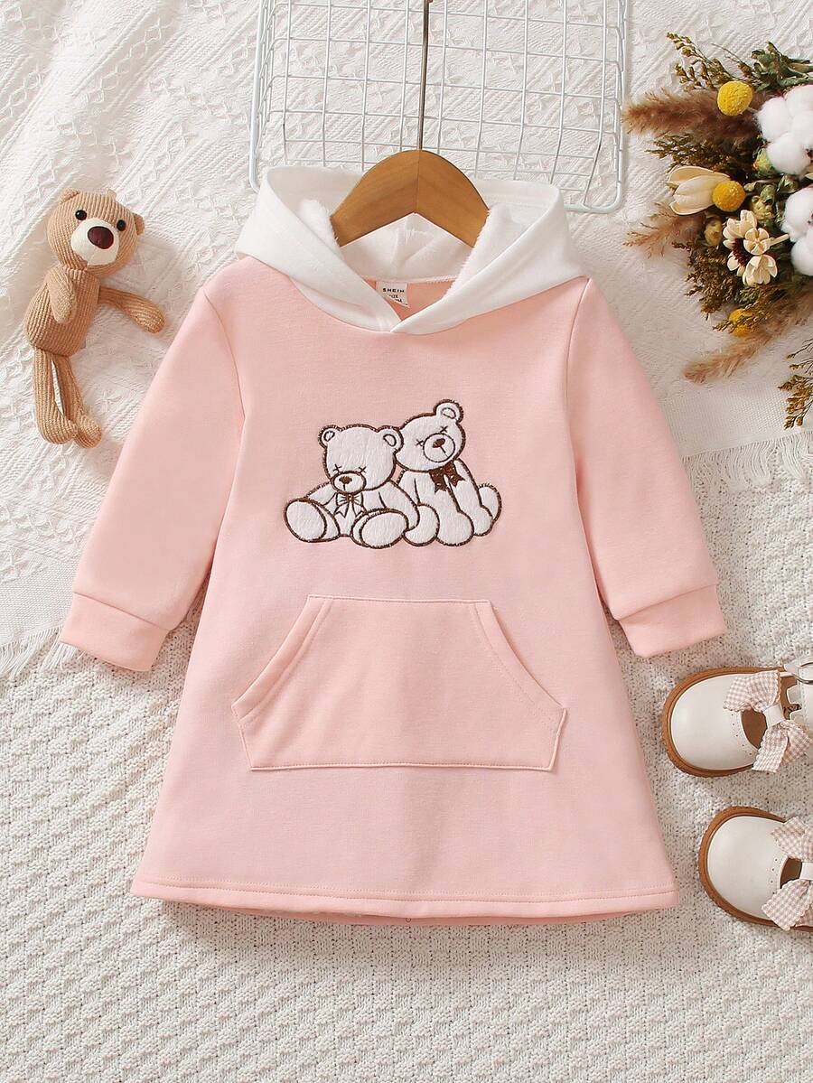 女嬰刺繡卡通圖案袋鼠口袋連帽衛衣裙 - 粉色 - 查看 1