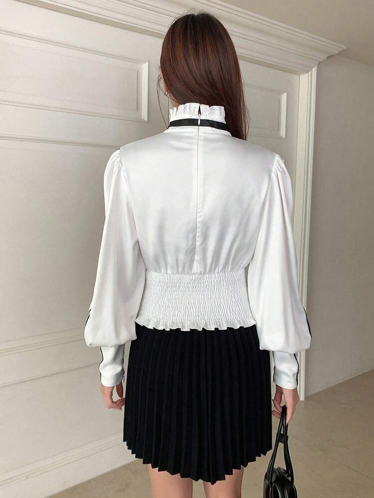 Frill Trim Tie Neck Lantern Sleeve Blouse